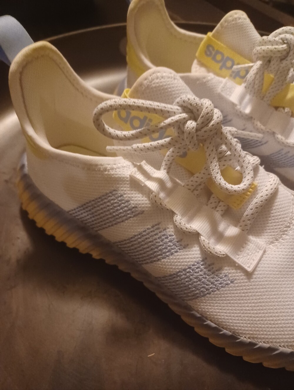 adidas Kaptir Flow White Sneakers w/ Light Blue Stripes and Yellow Gradient Sole - Picture 10 of 11